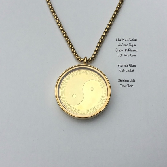 Yin Yang Taijitu Gold Tone Coin + Glass Stainless Locket + 60cm Stainless Chain - Picture 1 of 11